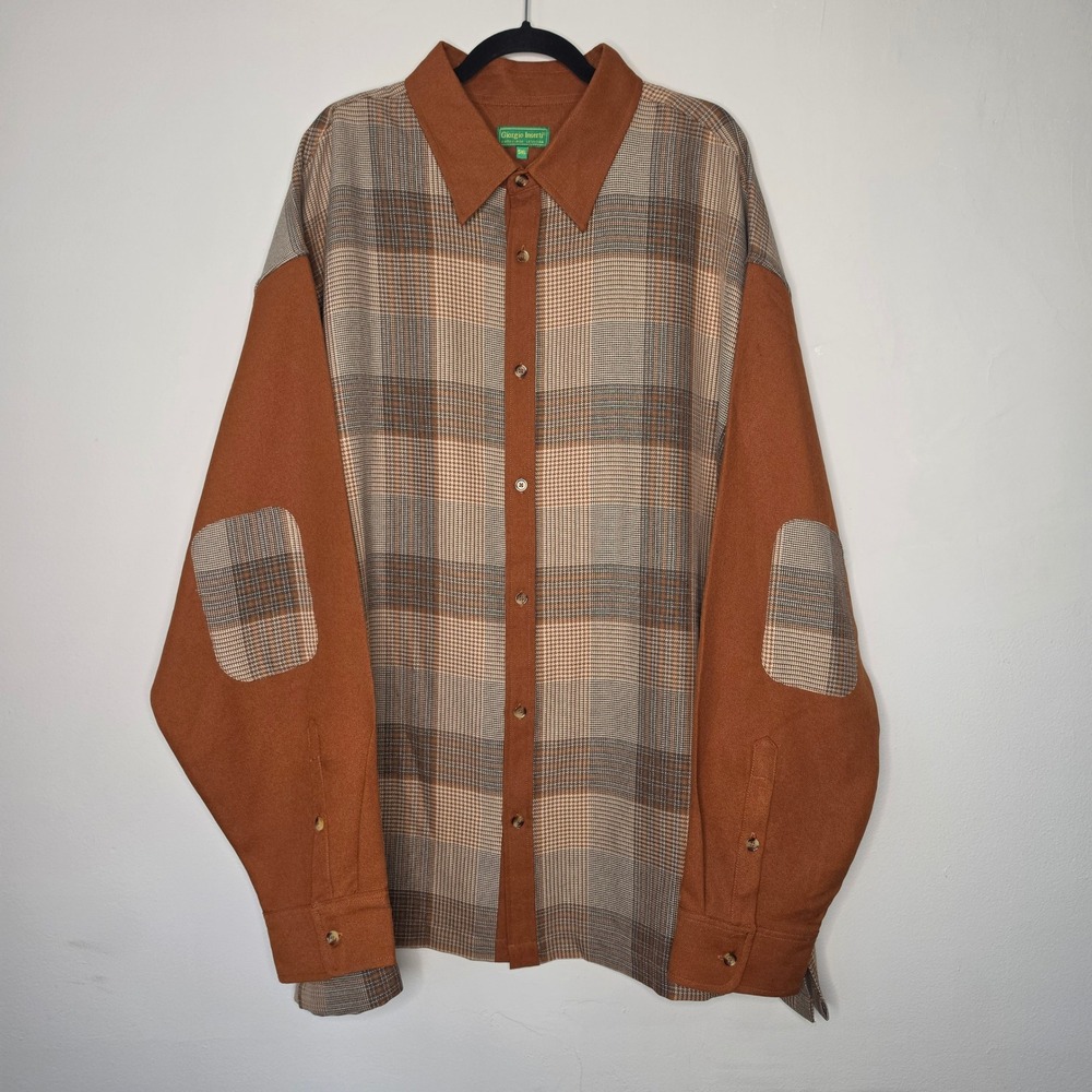 Giorgio Inserti Shirt Mens 5XL Brown Plaid Mixed Media Elbow Patch Button Down